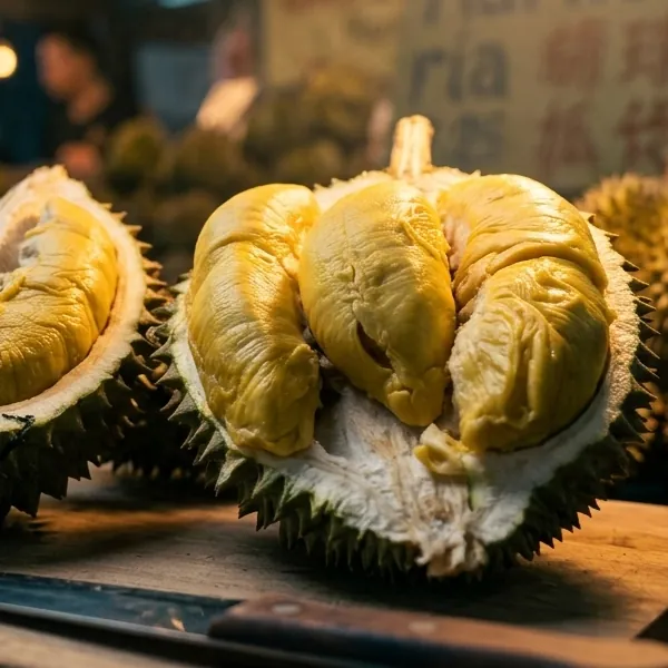 Opened Musang King durian showing rich yellow flesh